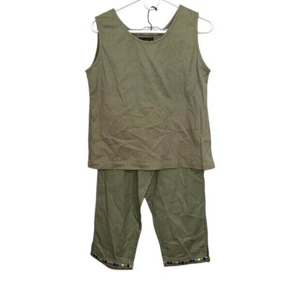 Vintage Womens 3-Piece Olive Green Cotton Ensemble With Beaded Trim - Picture 2 of 13